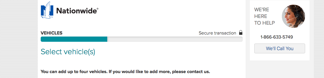 Nationwide website online quote select vehicles screen