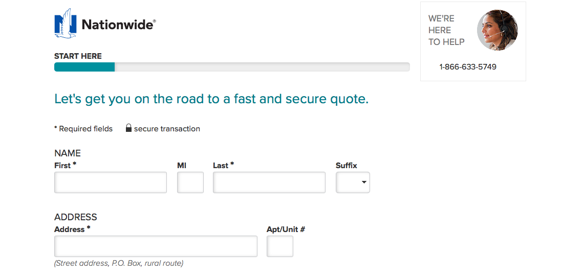 Nationwide website online quote start here screen