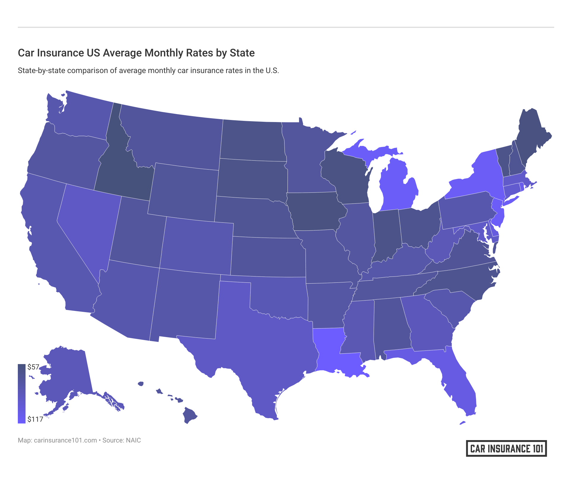 <h3>Car Insurance US Average Monthly Rates by State</h3>