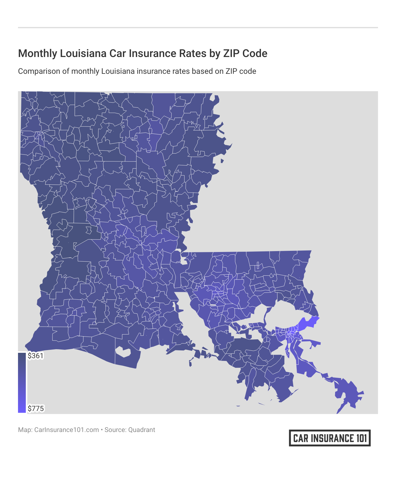 <h3>Monthly Louisiana Car Insurance Rates by ZIP Code</h3>