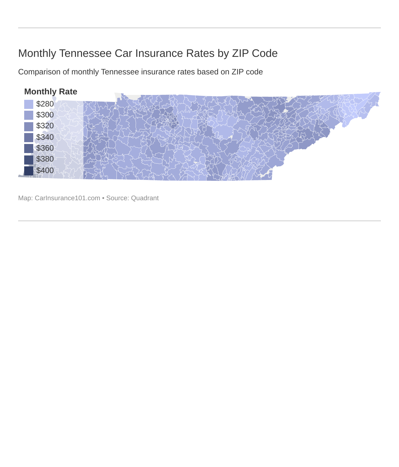 Monthly Tennessee Car Insurance Rates by ZIP Code